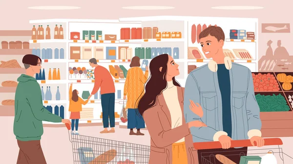 Люди с корзинами в супермаркете выбирают продукты — стоковый вектор