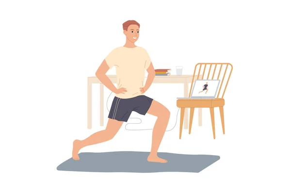 Чоловік тренується вдома, виконує вправи з відеоуроків — стоковий вектор