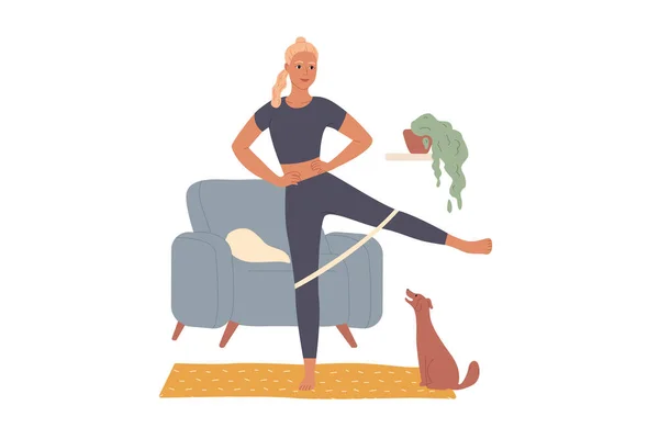 Mujer entrena en casa, haciendo ejercicios de piernas superando la resistencia de la banda elástica — Vector de stock