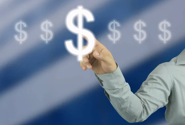 Biznesmen Ręką Wskazując Pieniądze Symbol Dolara Firmie Koncepcja Pracy Rozmycie — Zdjęcie stockowe