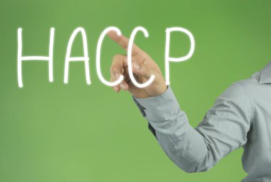 El Haccp metne işaret eden işadamı yeşil arka plan ve tasarım iş kavram için kopya alanınız.