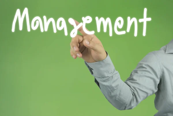 Hand Businessman Pointing Management Text Green Background Have Copy Space — Stock Photo, Image