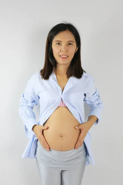 Asiatische Schwangere Mutter Blauem Kleid Fotografien Von Baby Bauch Schönes — Stockfoto