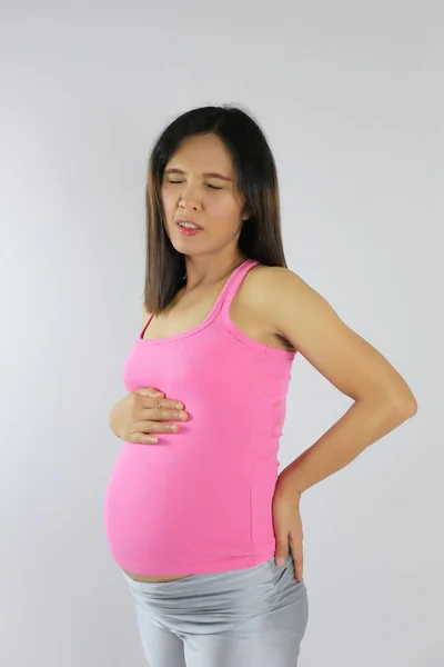 Азиатские Беременные Женщины Боль Талии Использовать Прикосновение Руки Животу — стоковое фото