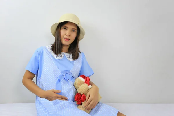 Asiatische Schwangere Frauen Mode Shooting Porträt Tragen Blaues Kleid Und — Stockfoto