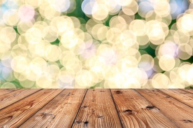 Eski ahşap zemin Noel bokeh zemin üzerinde kahverengi ve iş kavramı tasarımınızda için kopya alanınız.