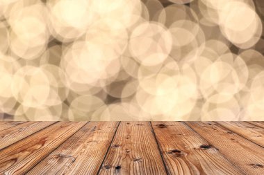 Eski ahşap zemin Noel bokeh zemin üzerinde kahverengi ve iş kavramı tasarımınızda için kopya alanınız.