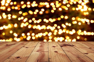 Eski ahşap zemin Noel bokeh zemin üzerinde kahverengi ve iş kavramı tasarımınızda için kopya alanınız.