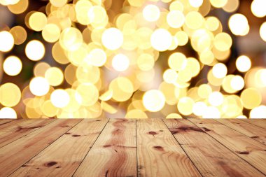 Eski ahşap zemin Noel bokeh zemin üzerinde kahverengi ve iş kavramı tasarımınızda için kopya alanınız.