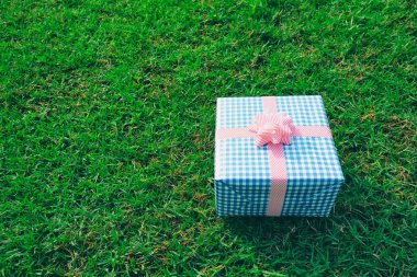 Mavi yeşil çim üzerinde hediye kutusu Noel, yılbaşı, Sevgililer günü veya yıldönümü gün için ve sizin iş kavramı tasarımında için kopya alanınız.