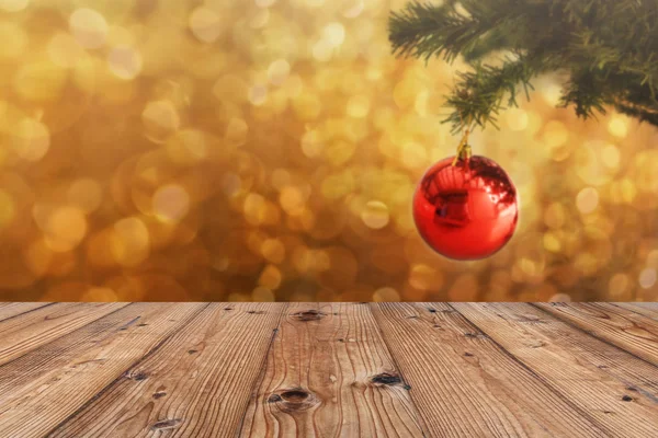 Brauner Alter Holzboden Auf Weihnachtlichem Bokeh Hintergrund Und Haben Kopierraum — Stockfoto
