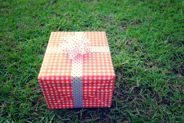 Caja Regalo Roja Césped Verde Para Navidad Año Nuevo Día —  Fotos de Stock