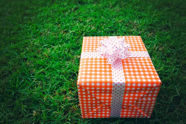 Kırmızı Hediyelik Noel, yılbaşı, Sevgililer günü veya yıldönümü gün için yeşil çimenlerin üzerine kutu ve iş kavramı tasarımında için kopya alanınız.