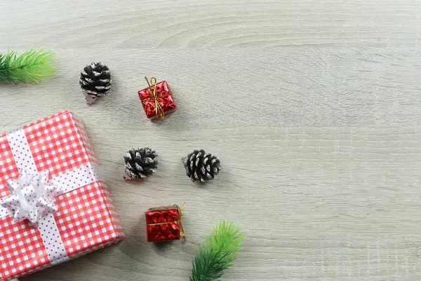 Red Gift Box Equipment Christmas Decoration Wooden Floor Background Have — Stock Photo, Image