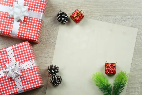 Brown Gift Box Vintage Paper Equipment Christmas Decoration Wooden Floor — Stock Photo, Image
