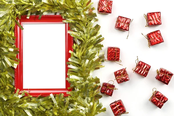 Kerst Decoratie Apparatuur Foto Frame Witte Achtergrond Met Kopie Ruimte — Stockfoto