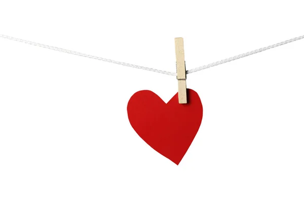 Corações Papel Vermelho Pendurados Corda Isolada Fundo Branco Têm Caminhos — Fotografia de Stock