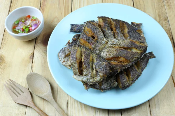 Fried Tilapia Dish Wooden Floor Thai Sea Foods — Stock Photo, Image