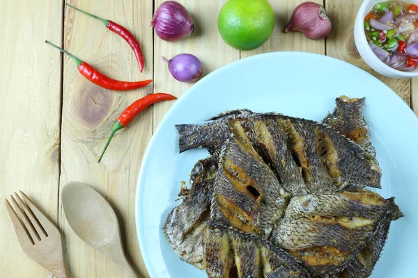 Fried Tilapia Dish Wooden Floor Thai Sea Foods — Stock Photo, Image