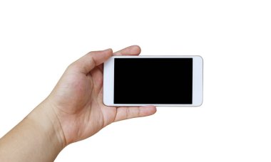 Beyaz üzerinde izole akıllı telefon cihazı tutan bir adamın eli.