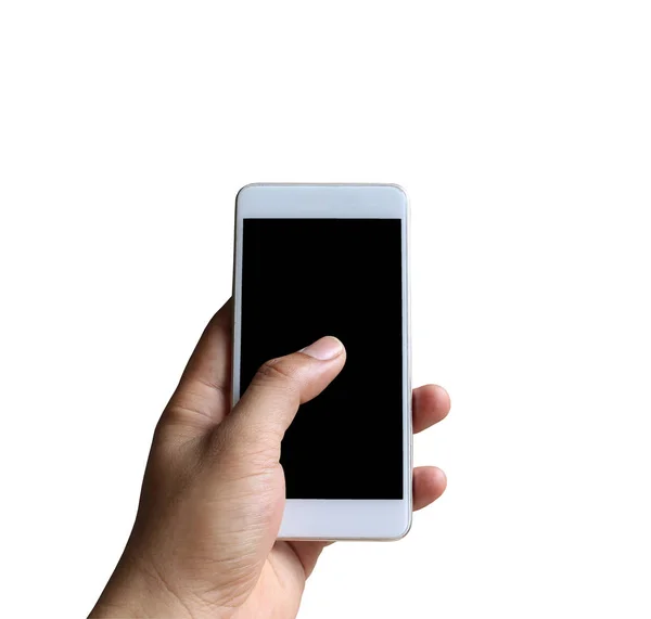 Hand av en man som håller smartphone-enhet isolerad på vitt. — Stockfoto