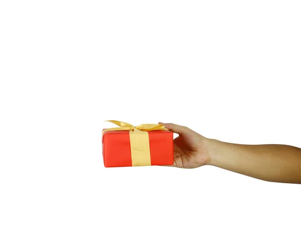 Hand of man with a red gift box isolated on white. — Stock Photo, Image