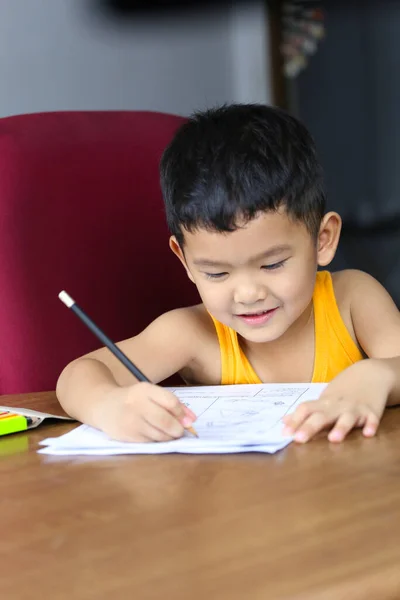 Asian boy is doing his homework,concept of studying on-live at home,Thailand boy in learning by themselves.
