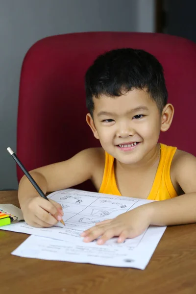 Asian boy is doing his homework,concept of studying on-live at home,Thailand boy in learning by themselves.