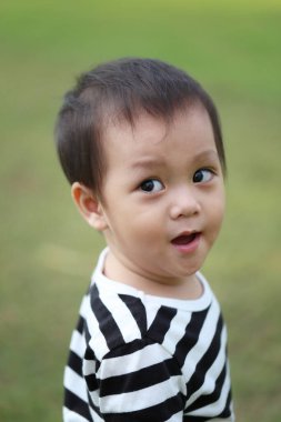 Asyalı çocuk bahçede yürümeyi öğreniyor, bebeğin şirinliği..