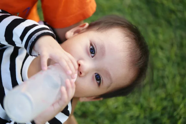 Asian Boy Drinking Milk Bottle Romp Park Exhaustion — Stock Photo, Image