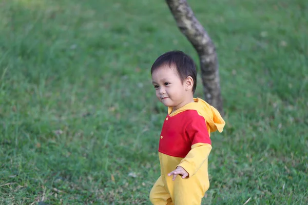 Asiático Chico Está Aprendiendo Caminar Jardín Ternura Del Niño —  Fotos de Stock
