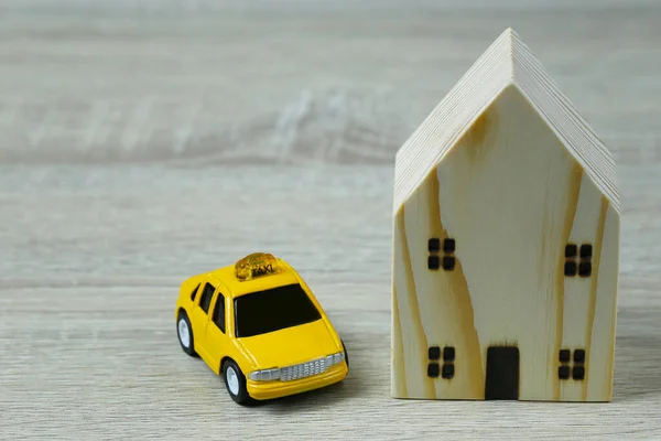 Toy Cars Wooden Houses Concept Buying Housing Insurance Travel Concept — Stock Photo, Image