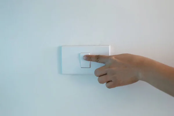 Woman Hand Turning Light Switch Wall Concept Energy Saving — Stock Photo, Image