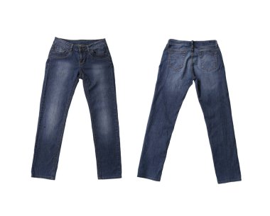 Beyaz arka planda izole edilmiş ve kırpma yolları olan giyilebilir, ön ve arka kot pantolonlar..