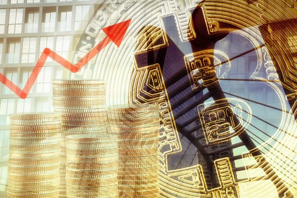 Munten Van Bitcoin Geld Gestapelde Staafdiagram Met Dubbele Blootstelling Business Stockafbeelding