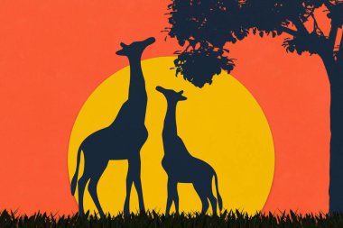 Zürafa ve ağaç siluet biçiminde sanat eserleri, safari günbatımının kağıt sanatı..