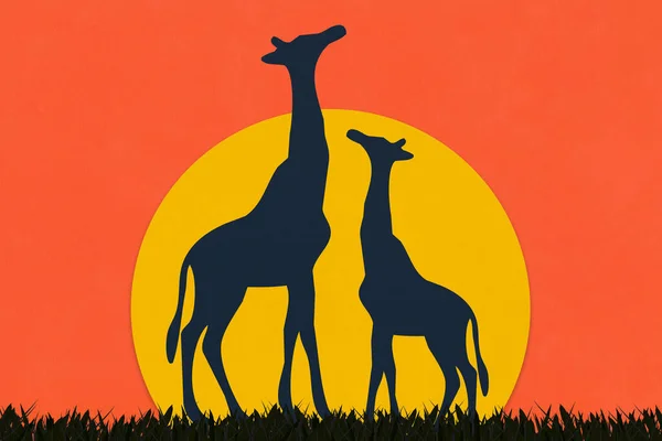 Girafa Feita Papel Arte Estilo Silhueta Arte Papel Pôr Sol — Fotografia de Stock