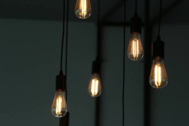 Büyüleyici bir düzende askıya alınmış klasik ampullerden oluşan bir kolleksiyon. Ilık ve şık tasarımı olan herhangi bir iç mekanı geliştirmek için mükemmel..