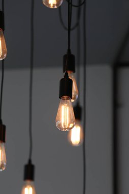 Zarif asılı ampullerin bir koleksiyonu yumuşak, sıcak bir parıltı yaratır, modern iç mekanları geliştirir ve her yere cazibe katar, restoranlar ya da ev dekorasyonu için mükemmeldir..
