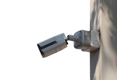 Beyaz arkaplan üzerinde izole kamera aracı ve kırpma yolları, güvenlik sistemleri için ekipman.