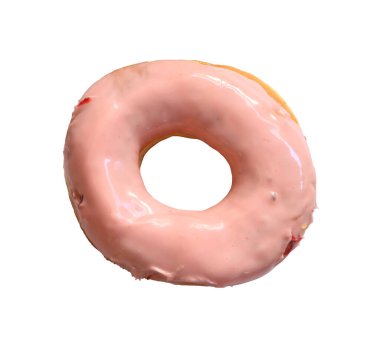 Beyaz arka planda temiz bir izole edilmiş ve kırpma yolları olan, çilek aromalı hoş pembe bir donut. Yemek severler ve tatlı severler için mükemmel..