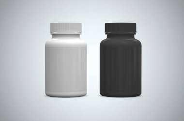 İlaç, ek, vitamin, kimyasal için gerçekçi siyah beyaz şişe. 3d illüstrasyon.