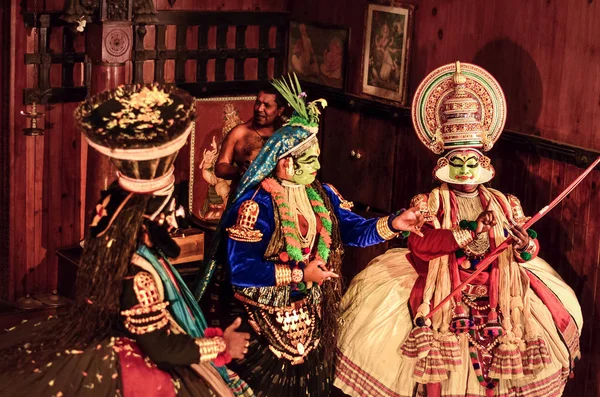 Форт Кочі Керала Індія 2020 Рік Три Артисти Катхакалі Виступають — стокове фото