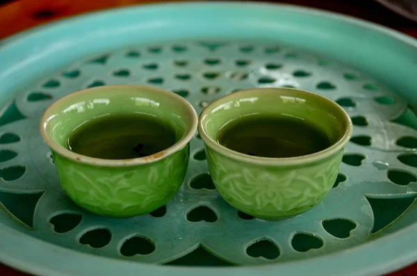 Traditional Vietnamese Tea Served Small Green Cups Restaurant Hanoi Sapa — Stock Photo, Image