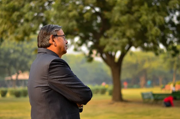 Side Pose Senior Indian Man Wearing Suit Setting Standing Smiling — Stock Photo, Image