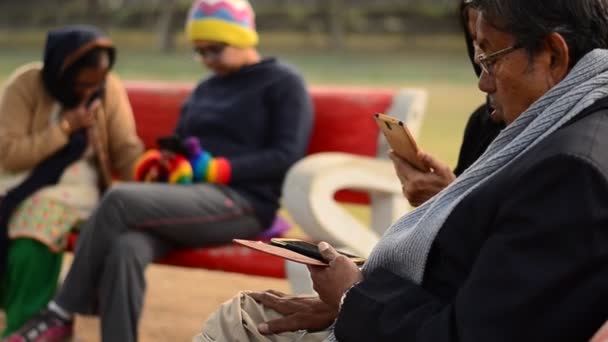 Pessoas Seniores Jovens Ocupados Com Seus Smartphones Parque Delhi Índia — Vídeo de Stock