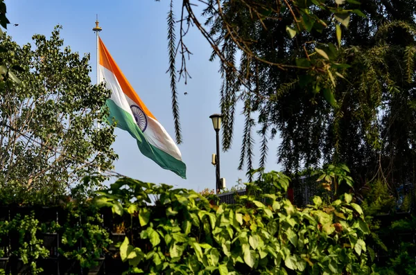 Indian National Flag Drapeau Tricolore Flottant Déployant Dans Central Park — Photo