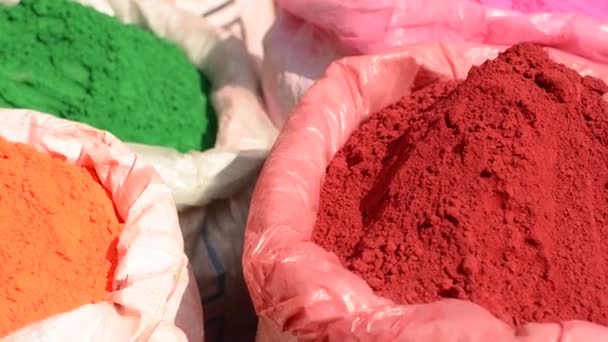 Organic Herbal Holi Gulaal Colors Kept Gunny Sacks Being Sold — Stock Video