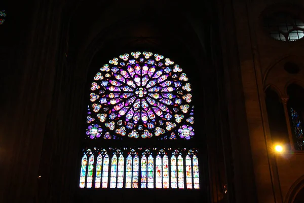 Ventana Redonda Vidrio Teñido Catedral Notre Dame París Antes Tragedia —  Fotos de Stock