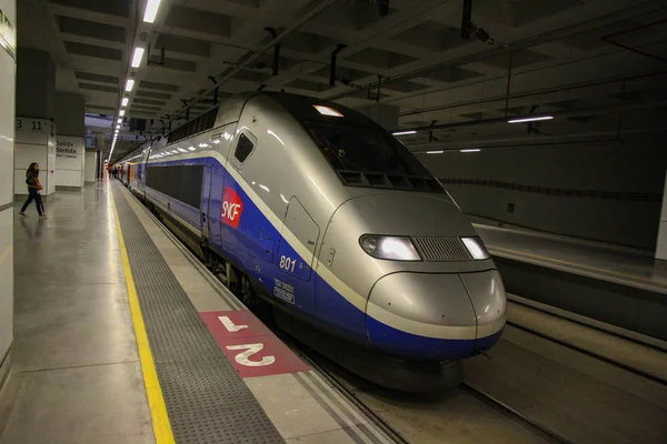 Paris, Fransa, 2019: Montparnasse tren istasyonunda yüksek hızlı Tgv hızlı tren. Paris-Montparnasse istasyonu Bordeaux, Tours, Rennes ve diğer Avrupa şehirlerine bağlantı sağlamaktadır